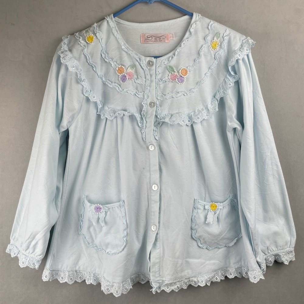 Women's Ruffle Pajama Top Light Blue L/S Button Front Floral Lace Cottage Cute L
